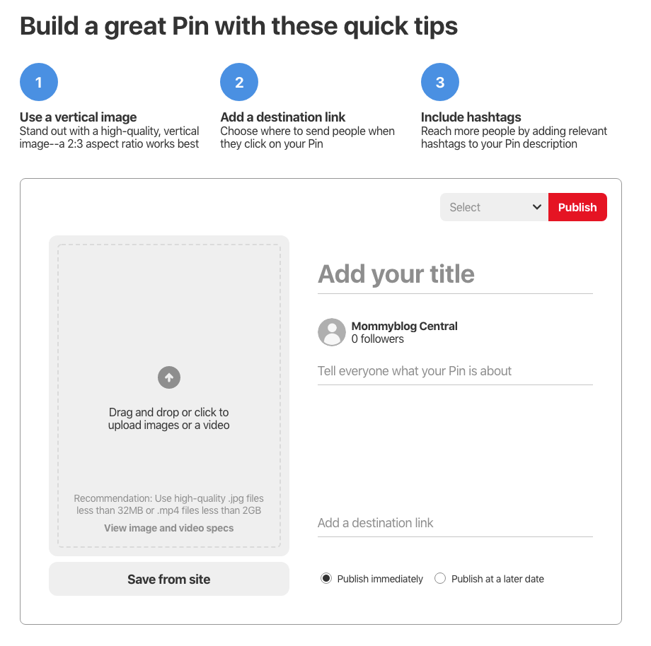 Screen capture of Pinterest screen showing users how to build a great Pin