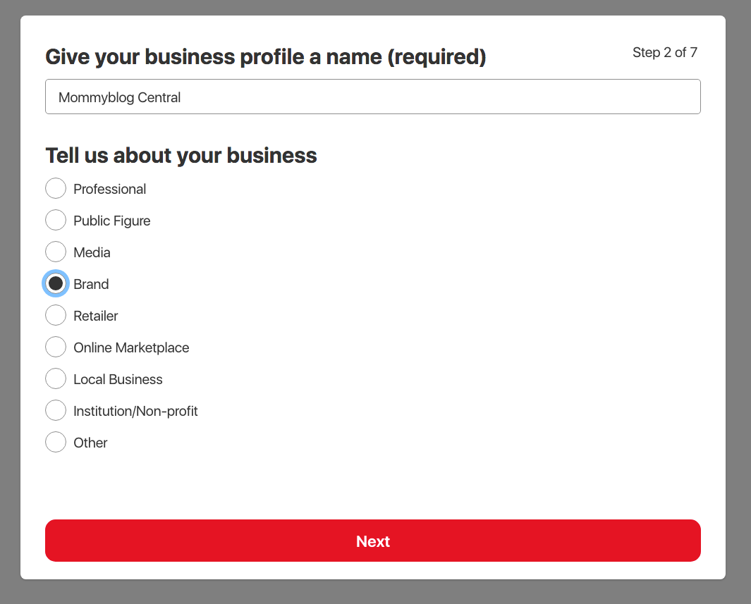 Screen capture of Pinterest screen allowing users to name their business account and choose what type of business they have