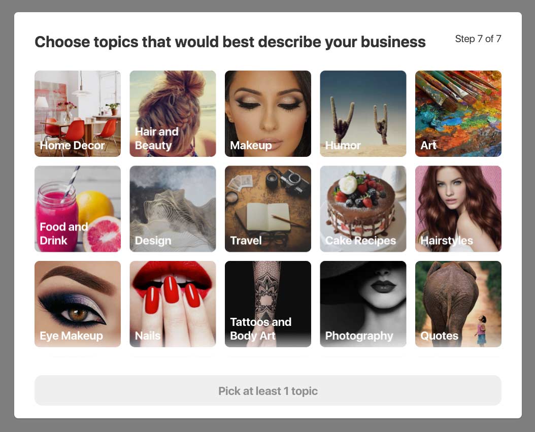 Screen capture of Pinterest dialog allowing user to choose a topic from many, each with a photo