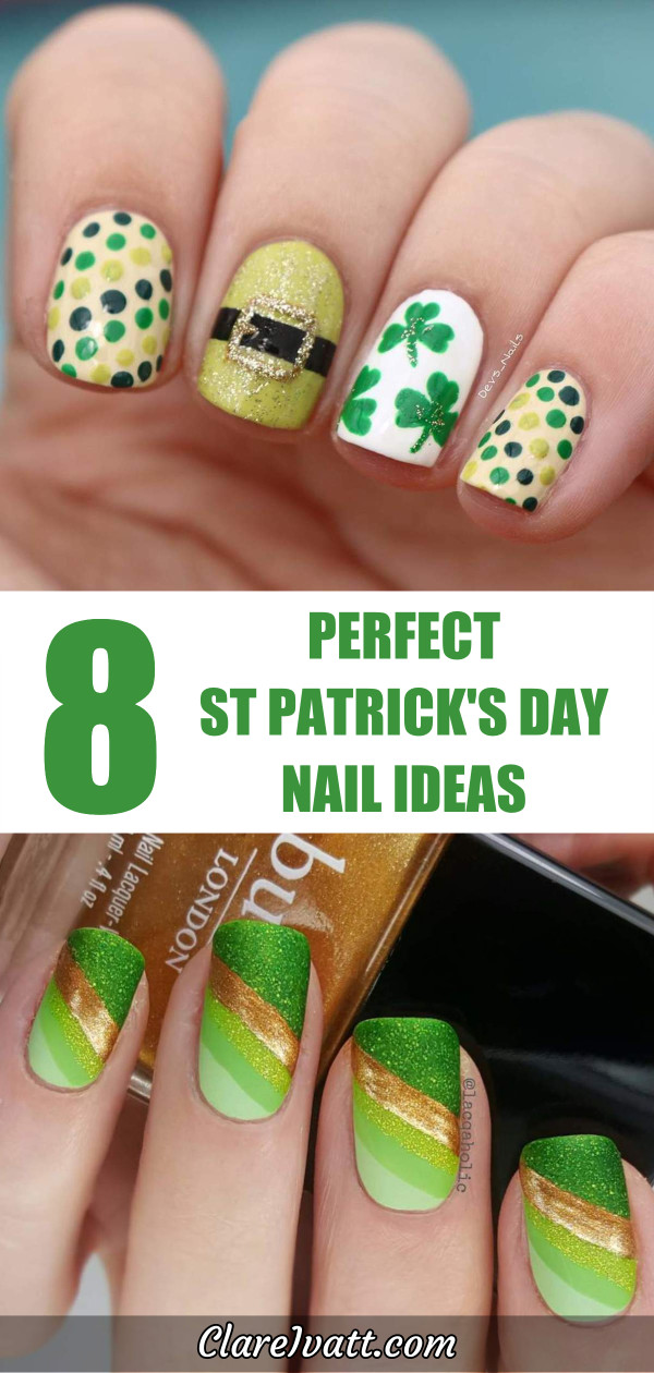Upper photo shows fingernails with St Patricks Day designs including a leprechaun buckle and shamrocks. The lower photo shows fingernails with green and gold sparkly design in colors that evoke the Irish flag.